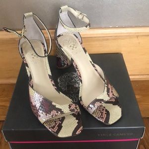 Heeled sandals, Snake skin print. Very cute.